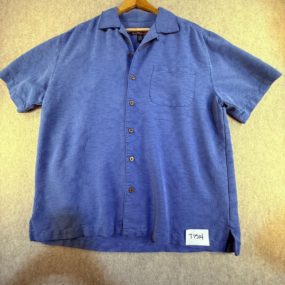 Havana Jacks Cafe Mens Medium Blue Jacquard‎ Palm Tree Short Sleeve Camp Shirt